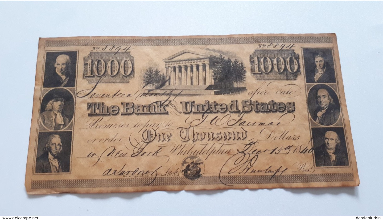 1000 DOLLARS SEVENTEEN MONTHS AFTER DATE ! SOUVENIR BANKNOTE 15TH DEC 1840 SUR PAPIER PARCHEMIN VIEILLI AU FOUR.. - Specimen