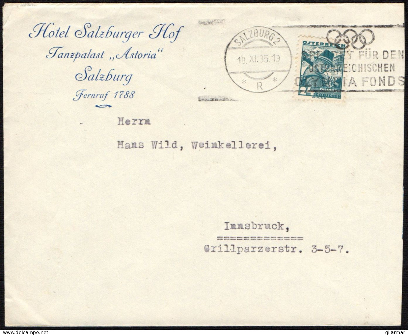 OLYMPIC GAMES 1936 - AUSTRIA SALZBURG 1935 - DONATE TO THE AUSTRIAN OLYMPIC FUND - MAILED ENVELOPE - M - Estate 1936: Berlino