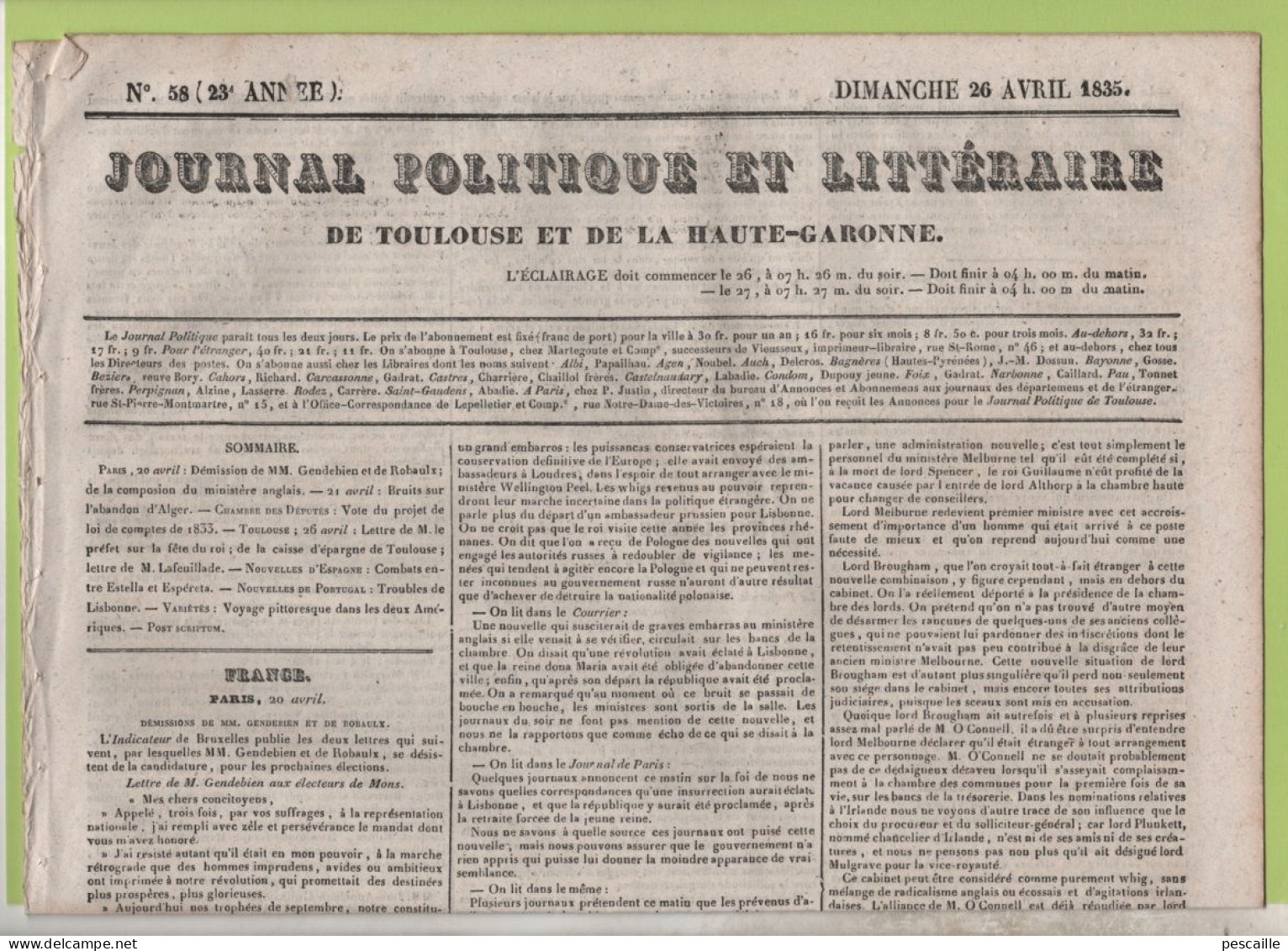 JOURNAL POLITIQUE DE TOULOUSE 26 4 1835 - MONS - SOIGNIES - ALEXANDRIE - TOULOUSE FETE DU ROI - ALGER - CAISSE D'EPARGNE - 1800 - 1849