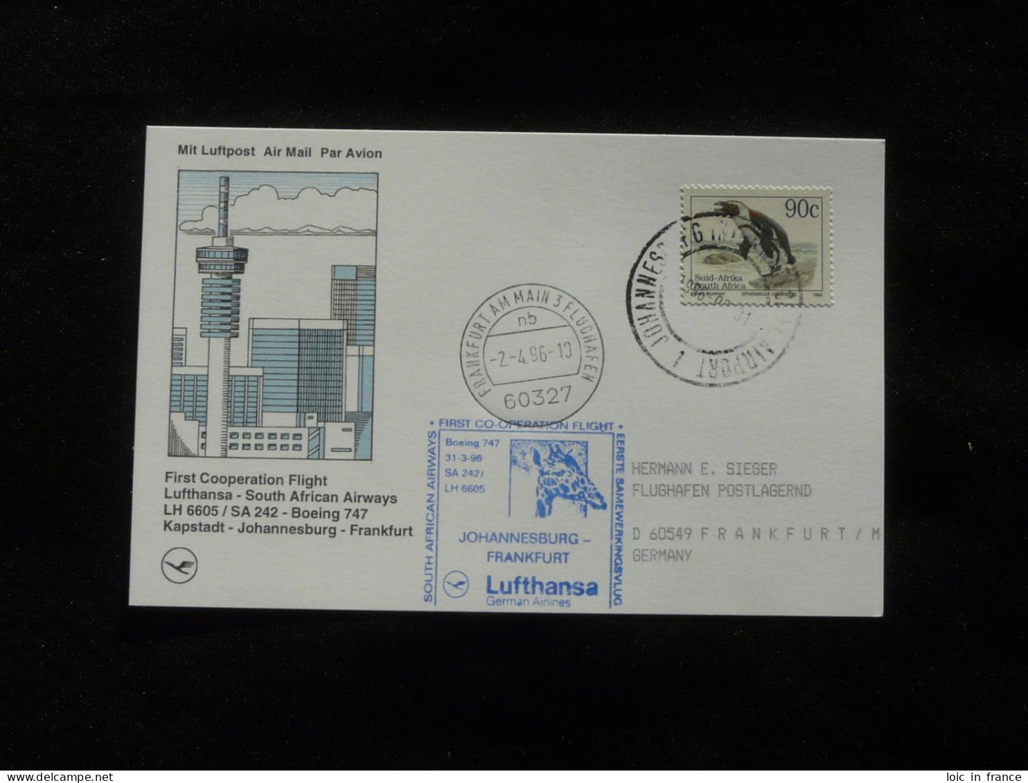 Lettre Premier Vol First Flight Cover Cape Town South Africa -> Frankfurt Boeing 747 Lufthansa 1996 - Covers & Documents