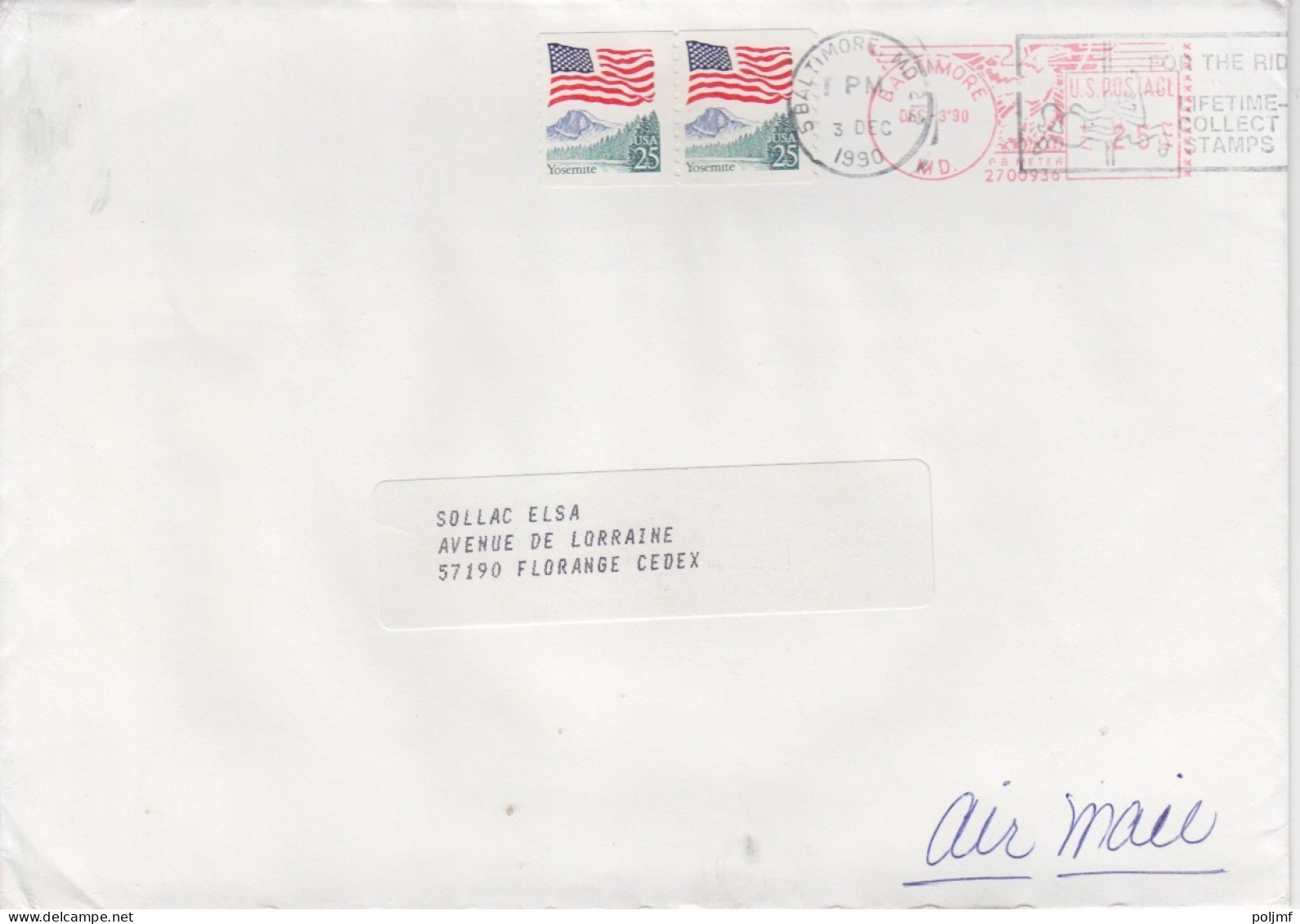 Lettre Obl. EMA Baltimore Et Calverton Le 3 Dec 1990 Sur 1811 X 2 Pour La France - Covers & Documents