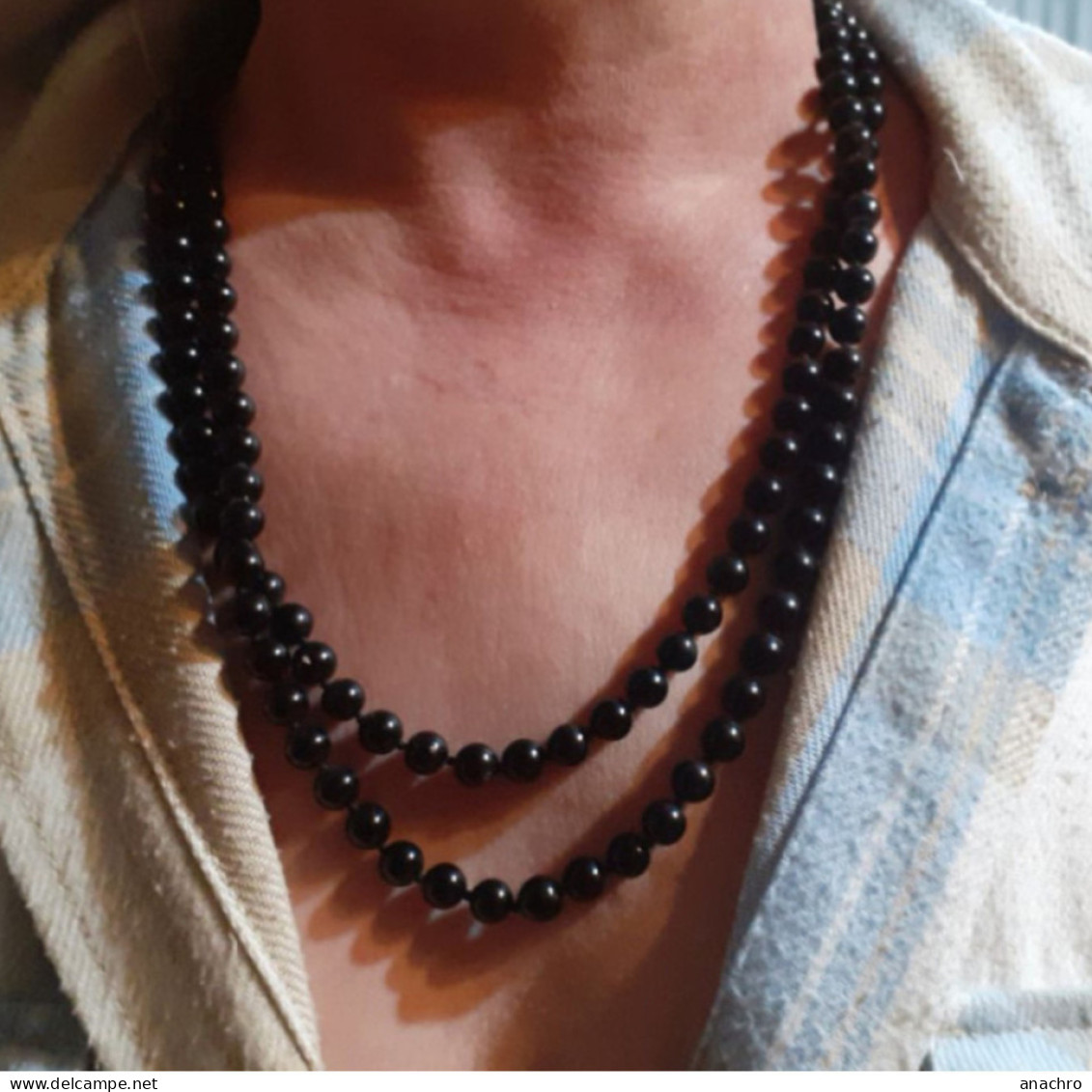 COLLIER PERLES JAIS NOIR En VERRE Double Rang 120 Cm - Necklaces/Chains