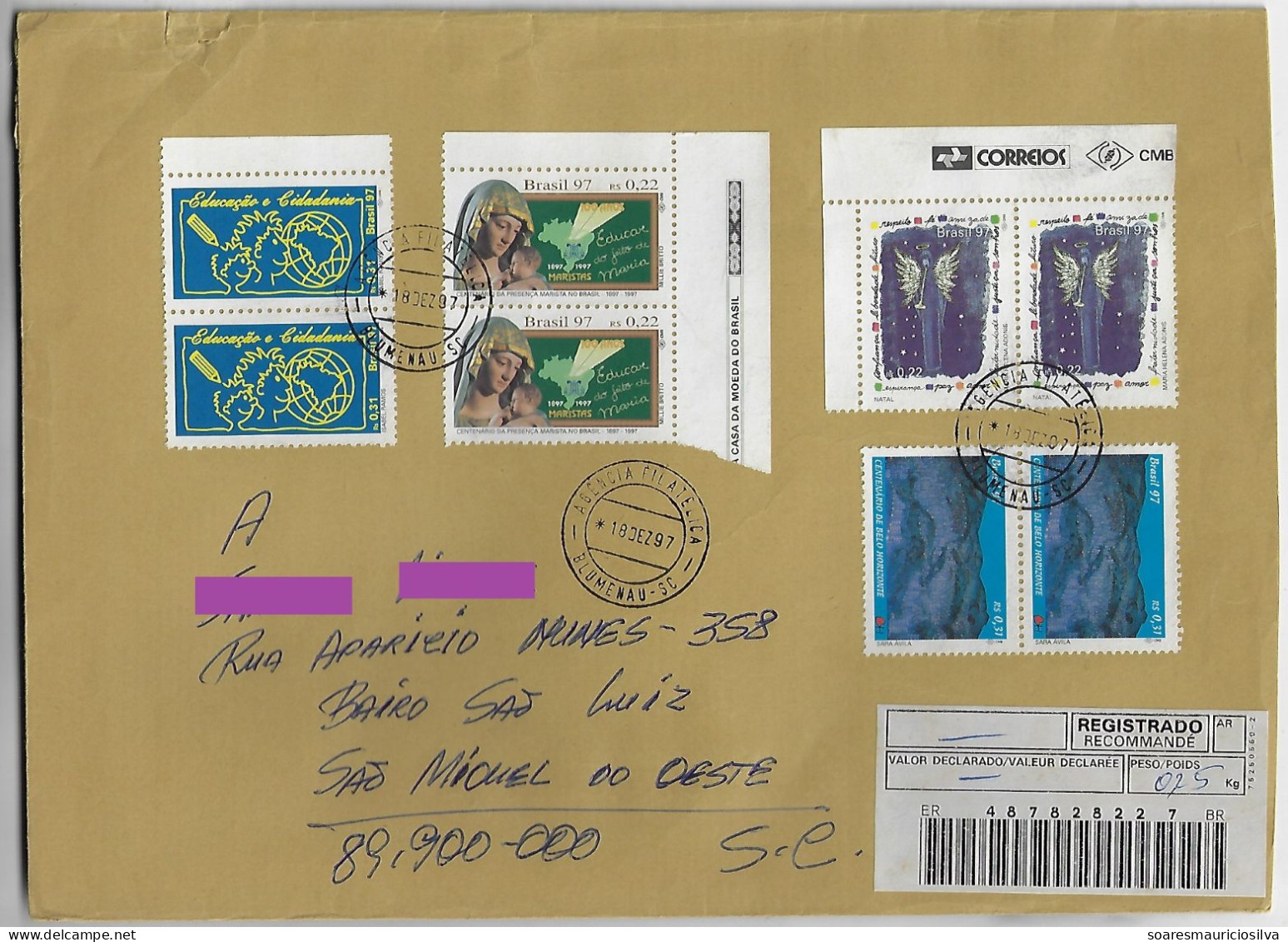 Brazil 1997 Barcode Registered Cover Sent From Blumenau To São Miguel Do Oeste 4 Pair Of Commemorative Stamp - Covers & Documents