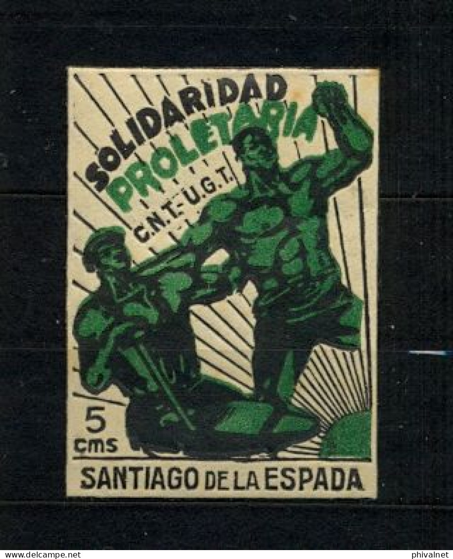 EMISIONES LOCALES , JAÉN - SANTIAGO DE LA ESPADA , FES. 3 ** , SOLIDARIDAD PROLETARIA C.N.T. , U.G.T. - Viñetas De La Guerra Civil