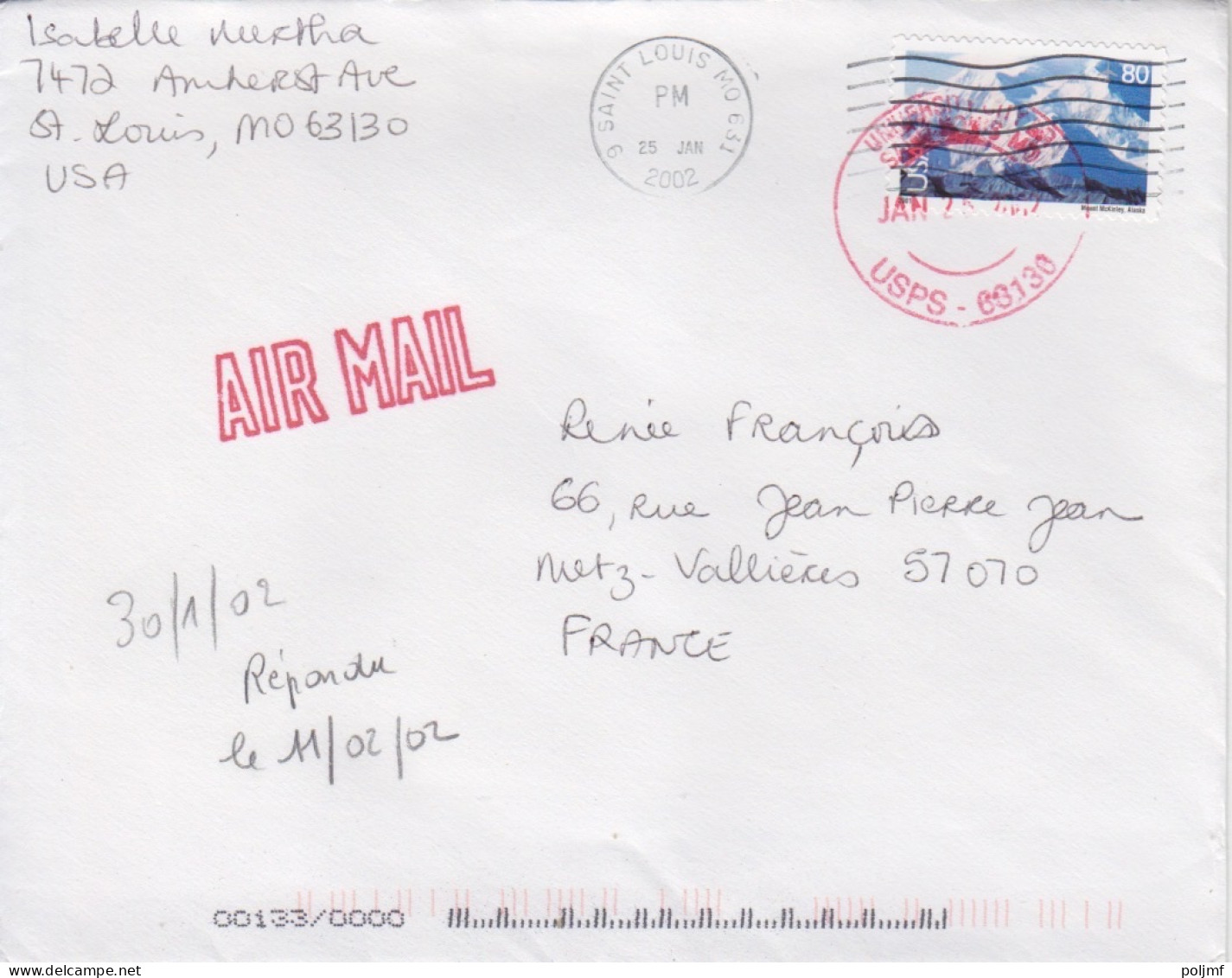 Lettre Compostée Obl. Saint Louis Le 25 Jan 202 Sur PA 129 Pour La France + Cachet Rouge Université - Covers & Documents