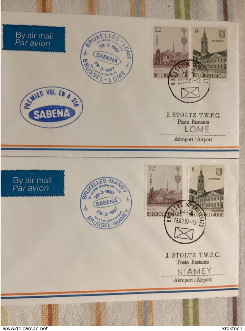 Bruxelles Niamey Lomé 1987 - Sabena - 1er Vol Flight Erstflug - Niger Togo - Cartas & Documentos