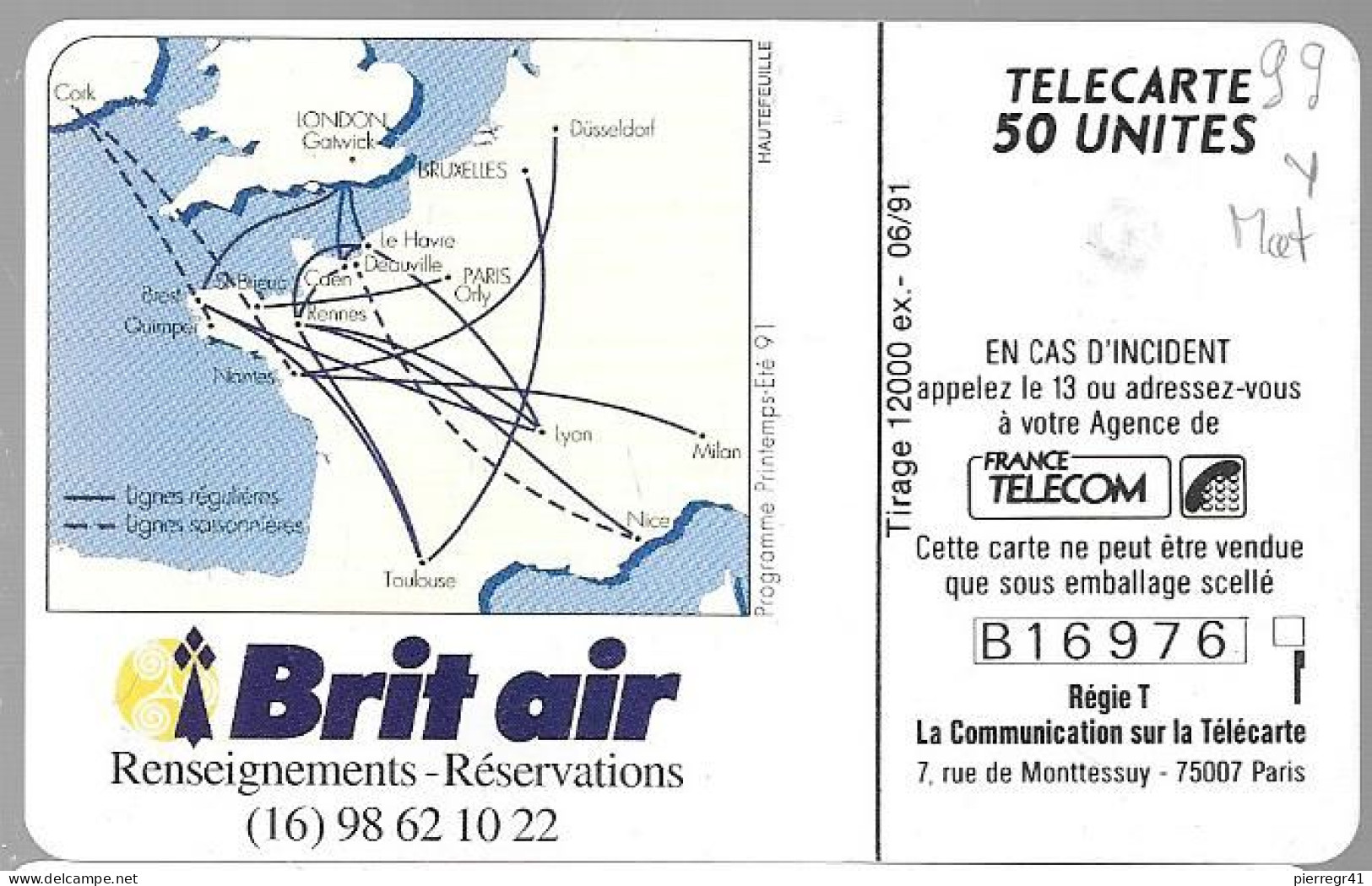 CARTE-PRIVEE-50U-EN99-GemA-BRIT AIR- V°Série N°B1B219-R°Mat-Utilisé-TBE/LUXE- - 50 Units