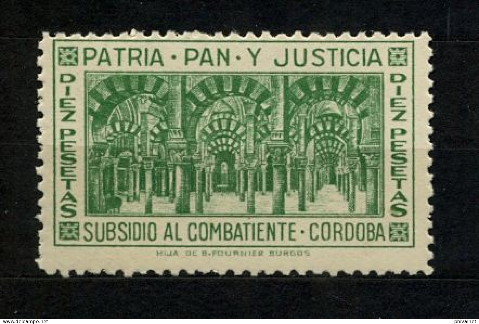 EMISIONES LOCALES , CÓRDOBA , FES. 39 ** , SUBSIDIO AL COMBATIENTE , PATRIA - PAN Y JUSTICIA , VALOR DE 10 PTS. - Viñetas De La Guerra Civil