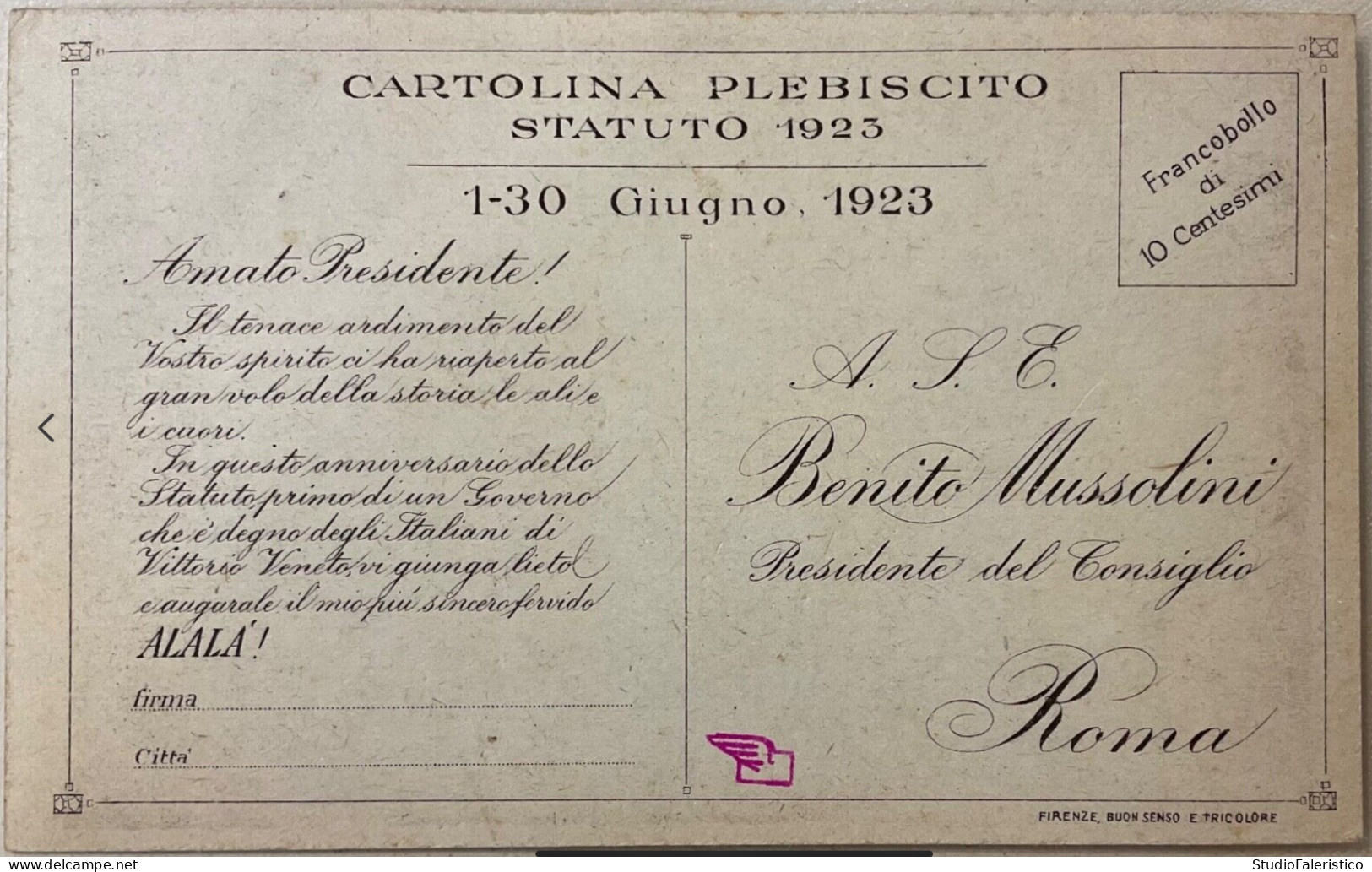 FASCISMO PLEBISCITO STATUTO 1923 CARTOLINA A S.E. B.MUSSOLINI PRESIDENTE DEL CONSIGLIO ROMA - Partidos Politicos & Elecciones