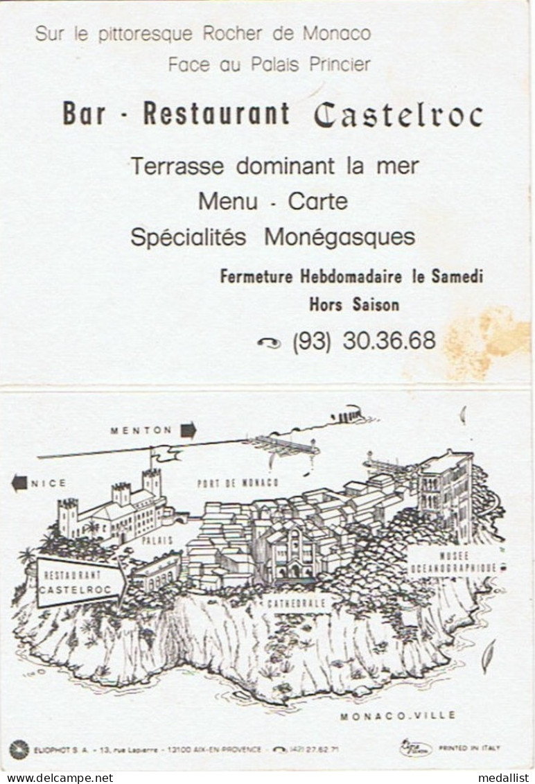 CPM..MONACO..MONTE CARLO..RESTAURANT CASTELROC..PLACE DU PALAIS..CARTE PUBLICITAIRE..2 SCANS - Cafés & Restaurants