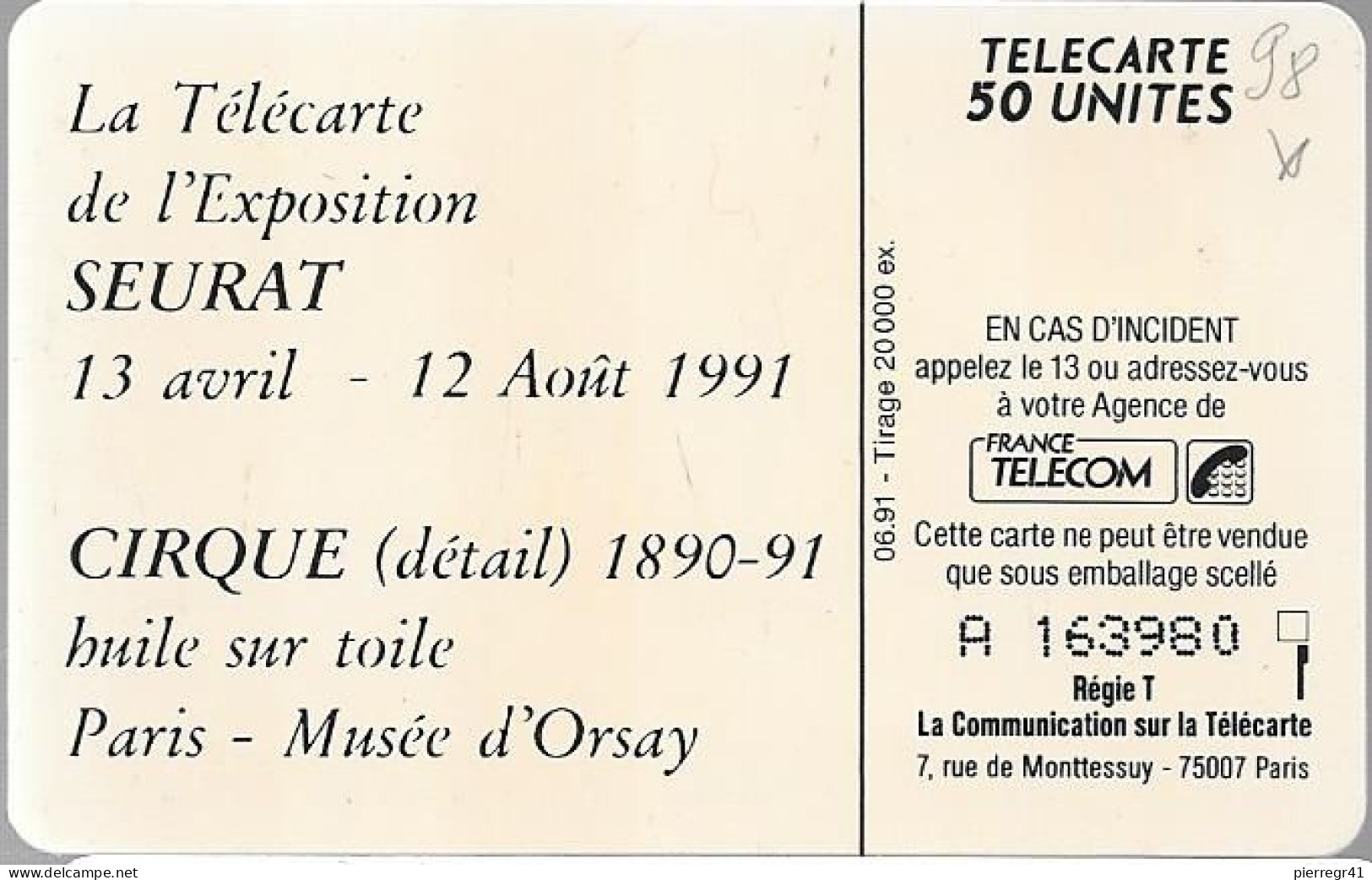 CARTE-PUCE-PRIVEE-PUBLIC-50U-EN98-SO3-06/91-EXPO SEURAT-Le CIRQUE-V°N°Laser A 163980-R°Mat-UTILISE-TBE/RARE - 50 Units