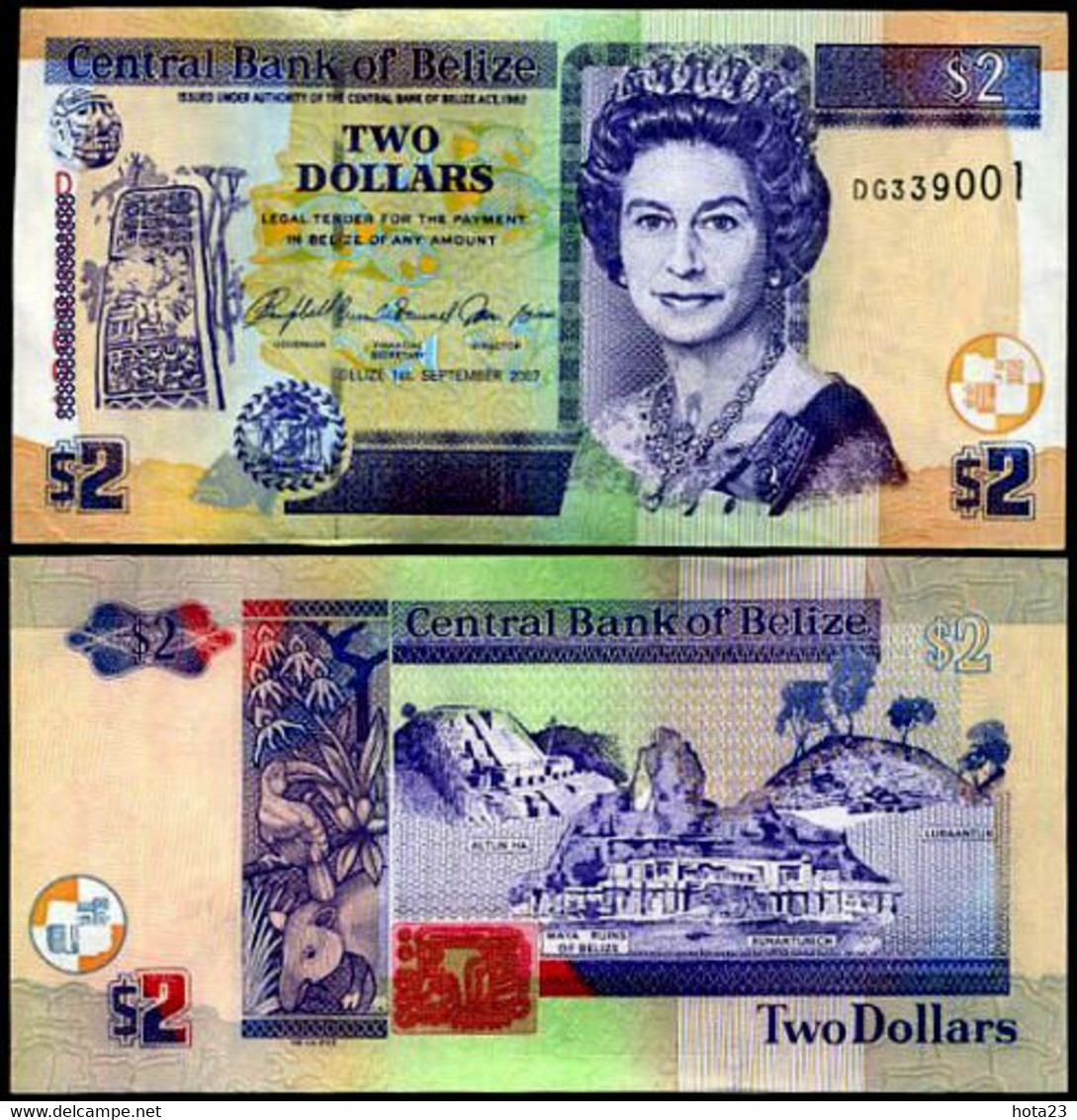 BELIZE 2 DOLLARS P-66 2007 QUEEN RUIN UNC ANIMAL FAUNA WILD LIFE MONEY BANK NOTE - Belize