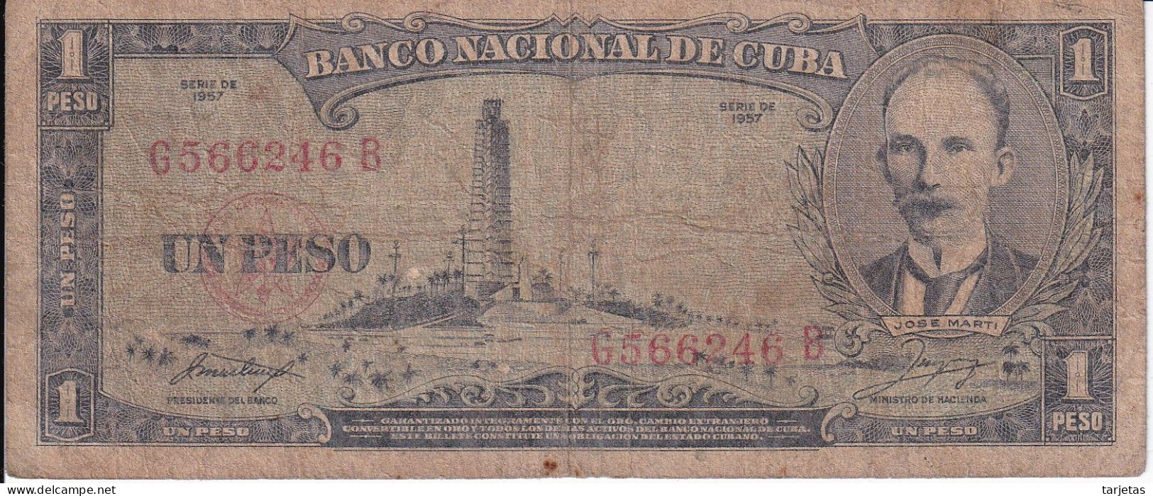 BILLETE DE CUBA DE 1 PESO DEL AÑO 1957 (BANK NOTE)  JOSE MARTI - Cuba