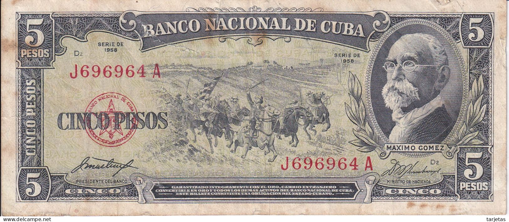 BILLETE DE CUBA DE 5 PESOS DEL AÑO 1958 (rotura)  (BANKNOTE)  MAXIMO GOMEZ - Cuba