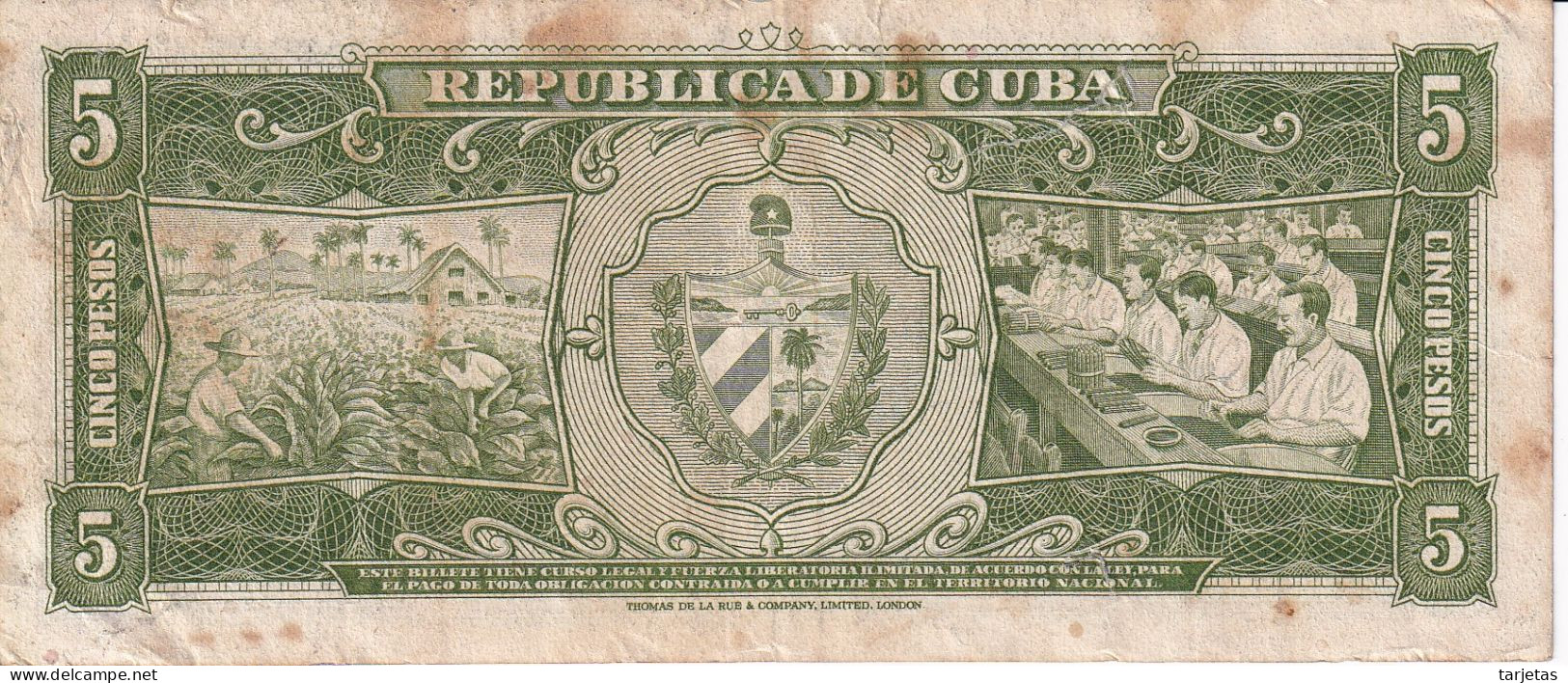 BILLETE DE CUBA DE 5 PESOS DEL AÑO 1958 (rotura)  (BANKNOTE)  MAXIMO GOMEZ - Cuba