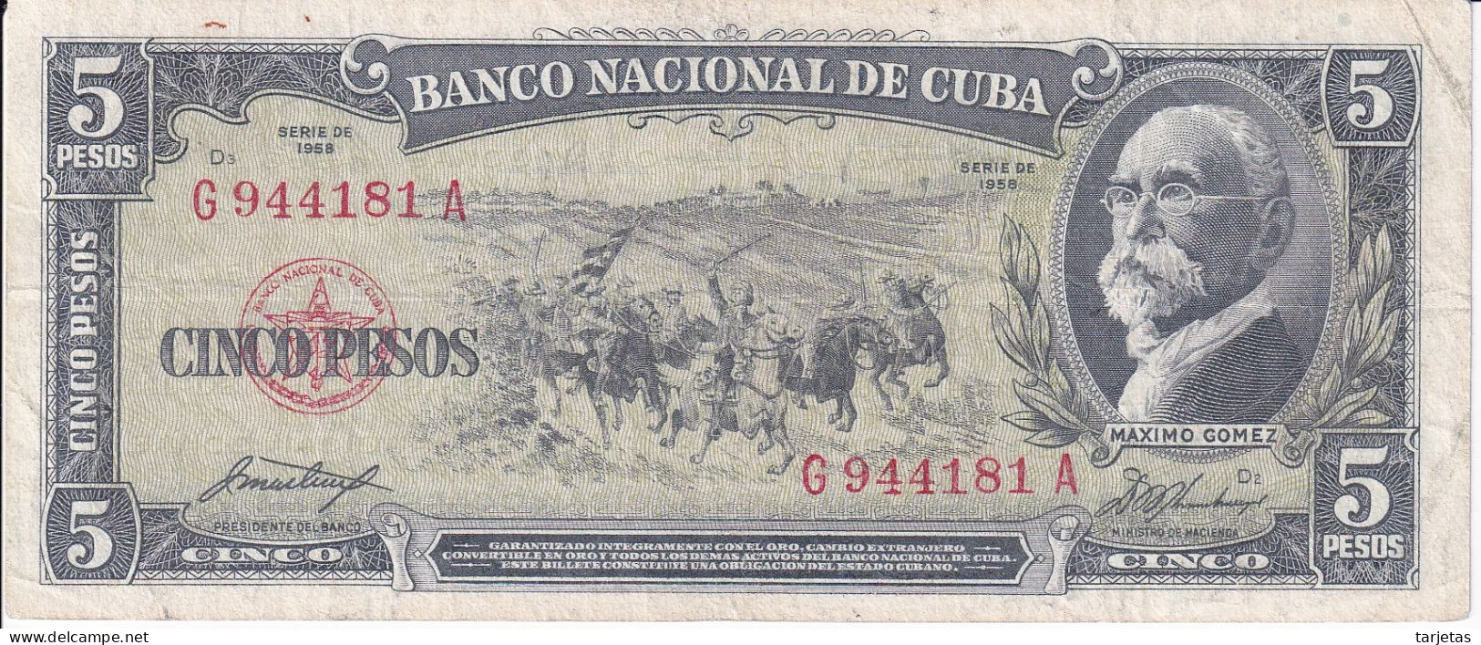 BILLETE DE CUBA DE 5 PESOS DEL AÑO 1958 (BANKNOTE)  MAXIMO GOMEZ - Cuba