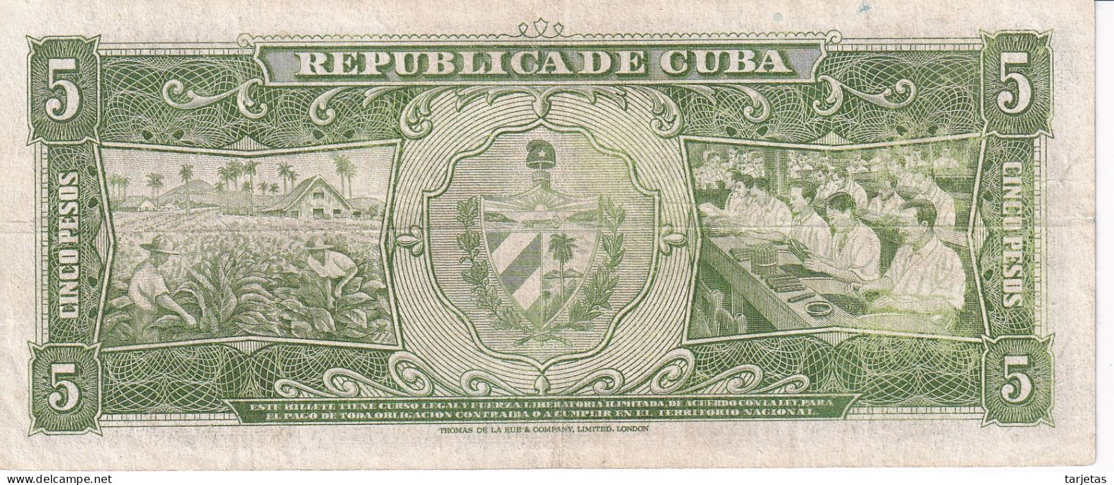 BILLETE DE CUBA DE 5 PESOS DEL AÑO 1958 (BANKNOTE)  MAXIMO GOMEZ - Cuba