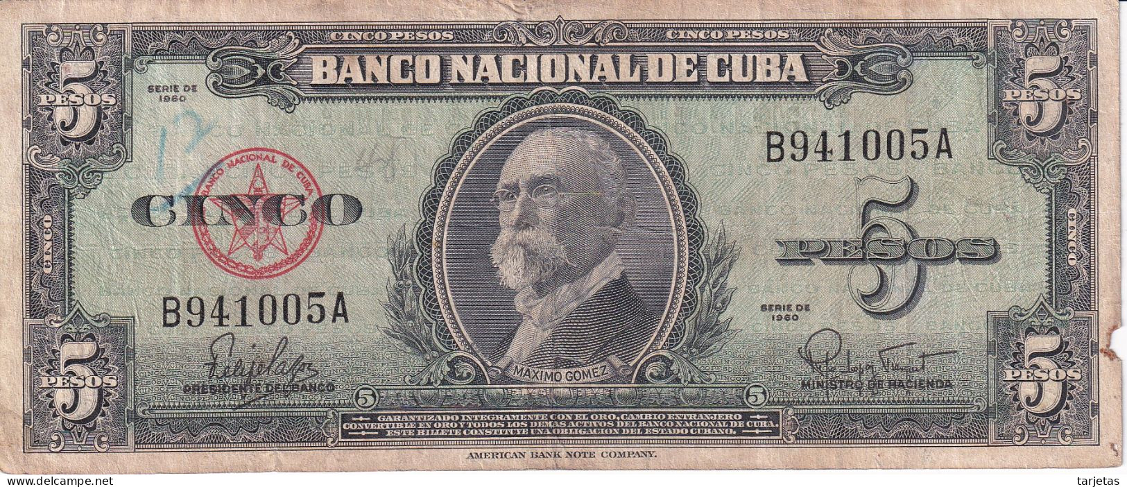 BILLETE DE CUBA DE 5 PESOS DEL AÑO 1960  (BANKNOTE)  MAXIMO GOMEZ - Cuba