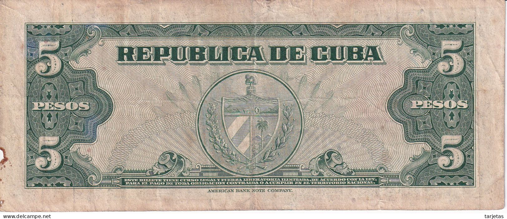 BILLETE DE CUBA DE 5 PESOS DEL AÑO 1960  (BANKNOTE)  MAXIMO GOMEZ - Cuba