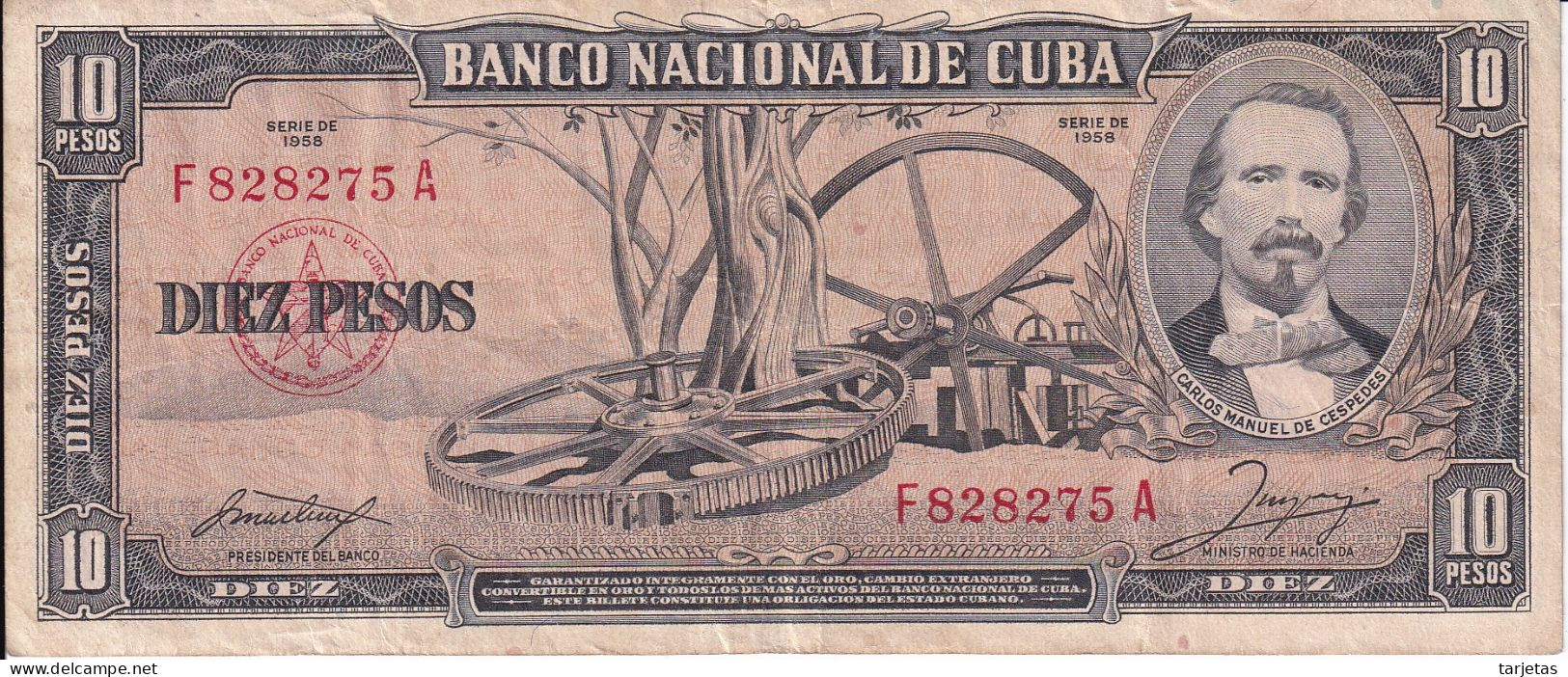 BILLETE DE CUBA DE 10 PESOS DEL AÑO 1958 DE CARLOS MANUEL CESPEDES  (BANK NOTE) - Cuba