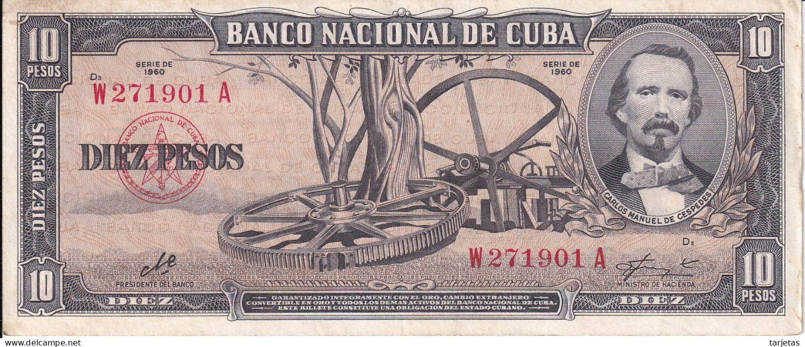 BILLETE DE CUBA DE 10 PESOS DEL AÑO 1960 (FIRMA DEL CHE GUEVARA) DE CARLOS MANUEL CESPEDES  (BANK NOTE) - Cuba