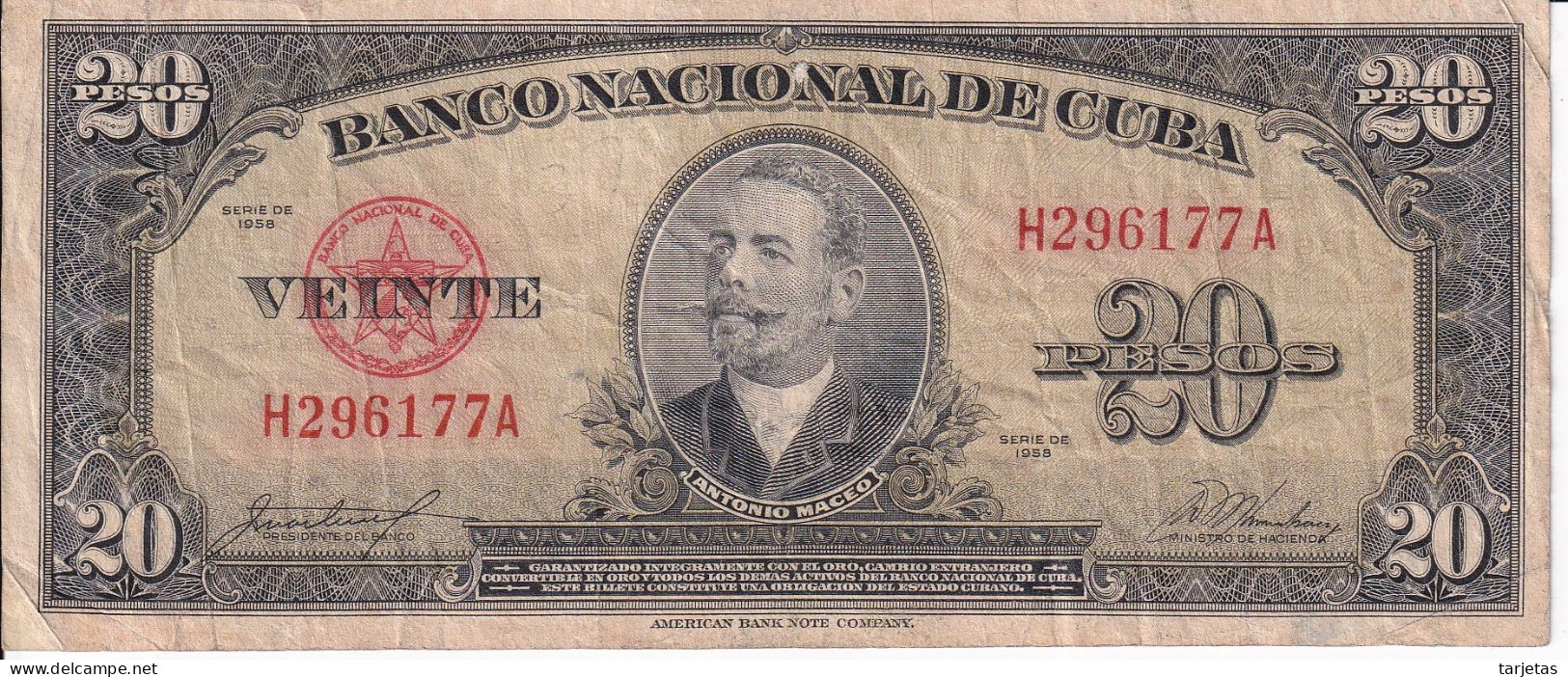 BILLETE DE CUBA DE 20 PESOS DEL AÑO 1958 (BANKNOTE-BANK NOTE) ANTONIO MACEO - Cuba