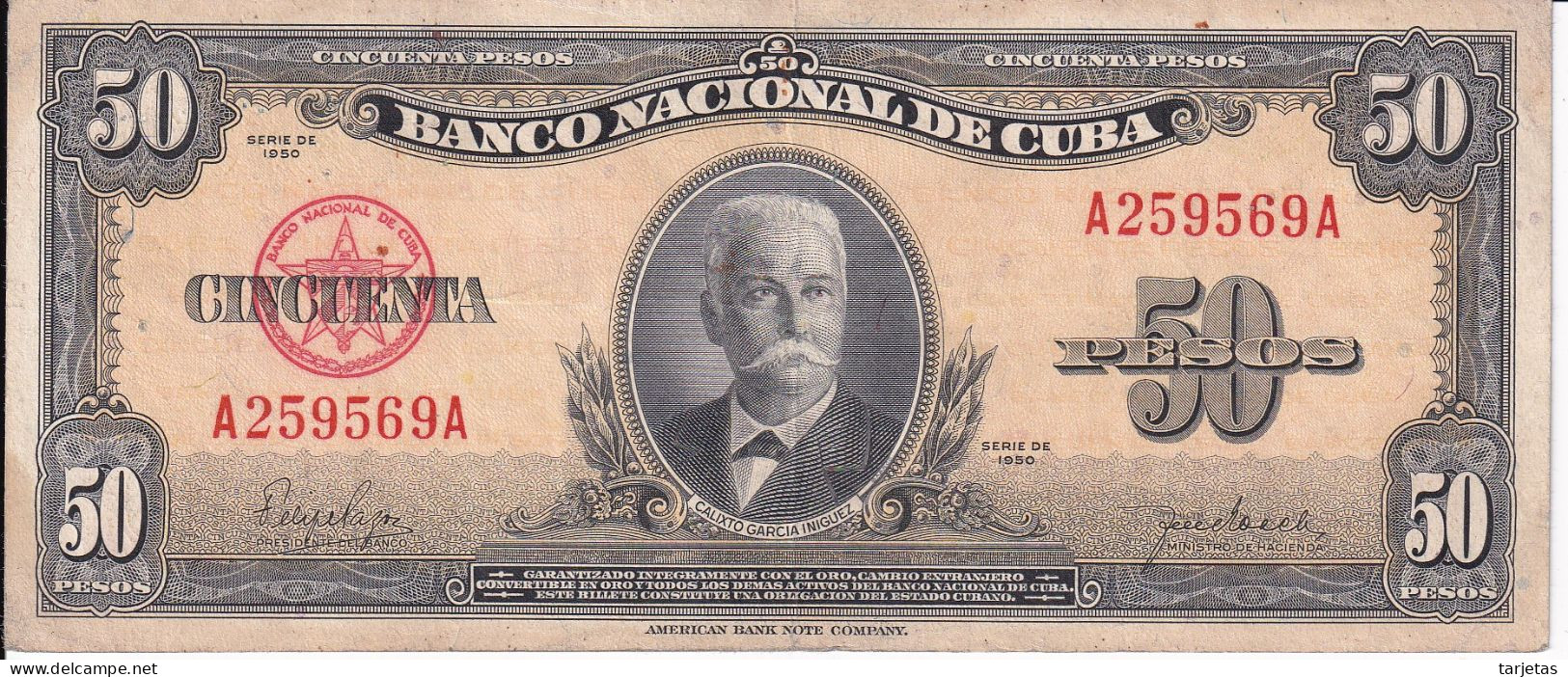 BILLETE DE CUBA DE 50 PESOS DEL AÑO 1950 DE CALIXTO GARCIA (BANKNOTE) - Cuba
