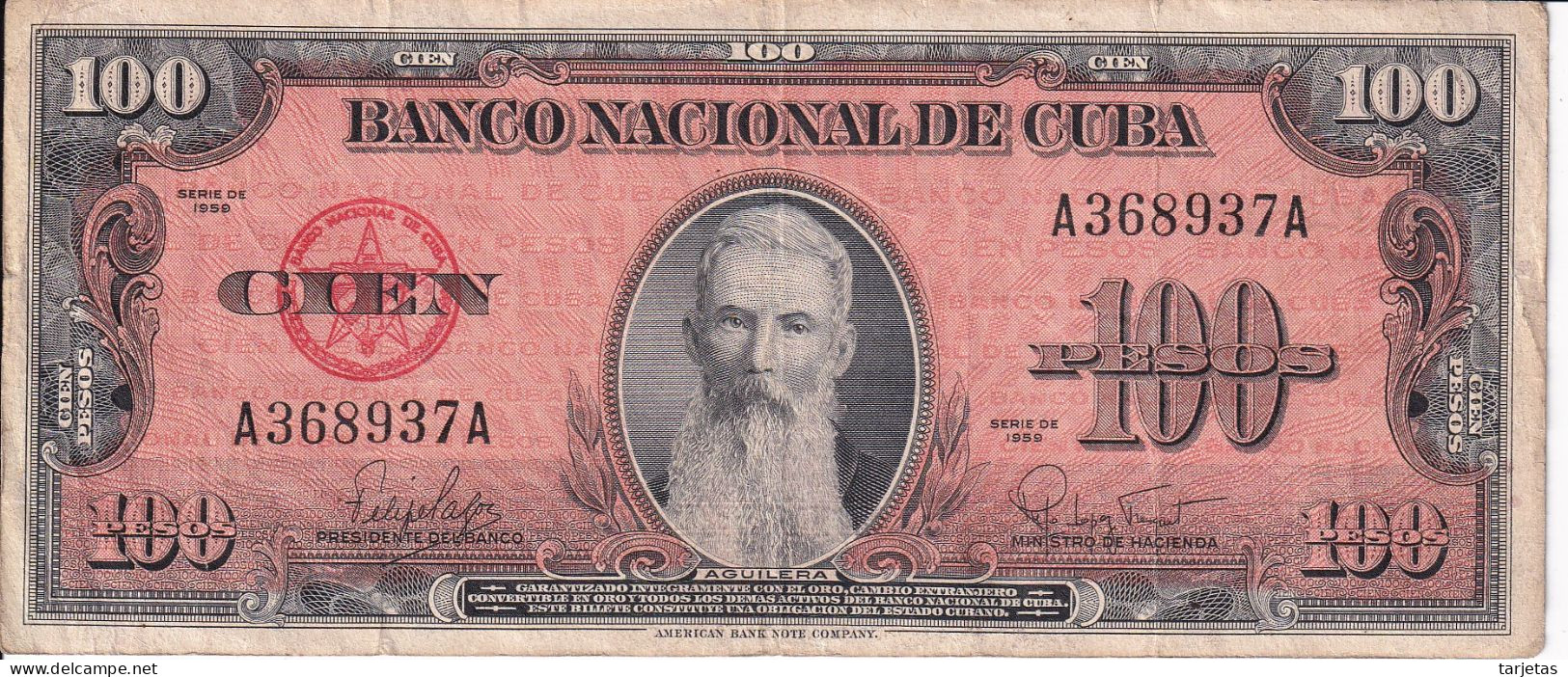 BILLETE DE CUBA DE 100 PESOS DEL AÑO 1959 (BANK NOTE) AGUILERA - Cuba