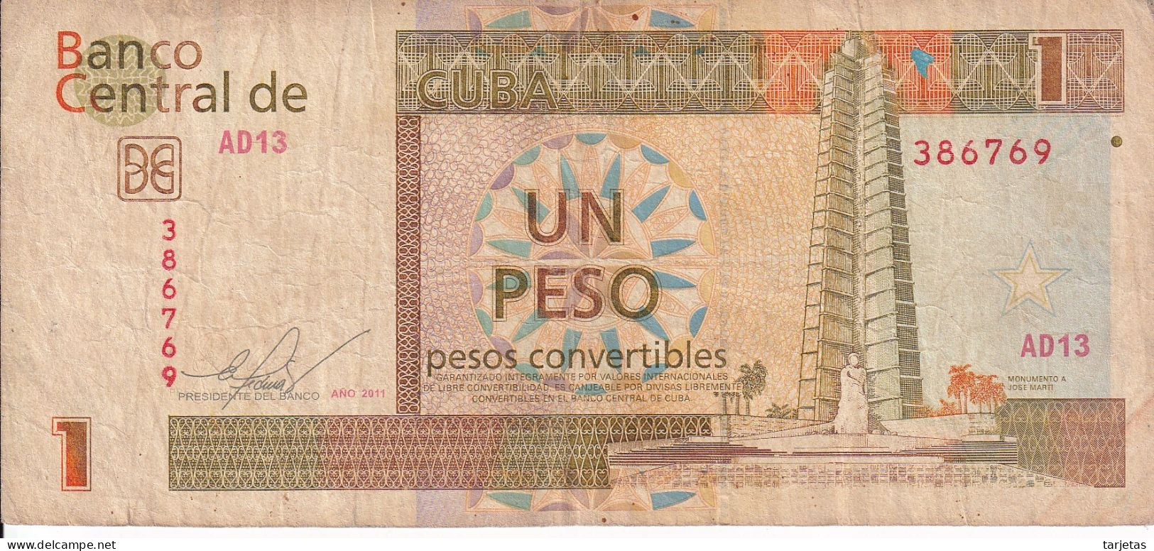 BILLETE DE CUBA DE 1 PESO CONVERTIBLE DEL AÑO 2011 (BANKNOTE) - Cuba