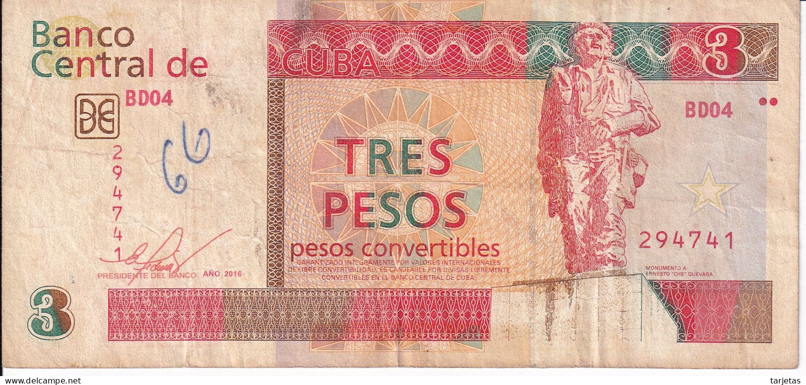 BILLETE DE CUBA DE 3 PESOS CONVERTIBLES DEL AÑO 2016  (BANKNOTE) CHE GUEVARA - Cuba