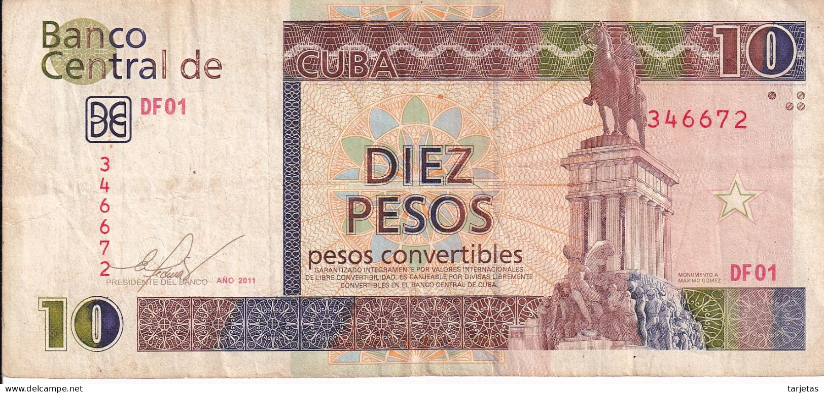 BILLETE DE CUBA DE 10 PESOS CONVERTIBLES DEL AÑO 2011 (BANKNOTE) MAXIMO GOMEZ - Cuba
