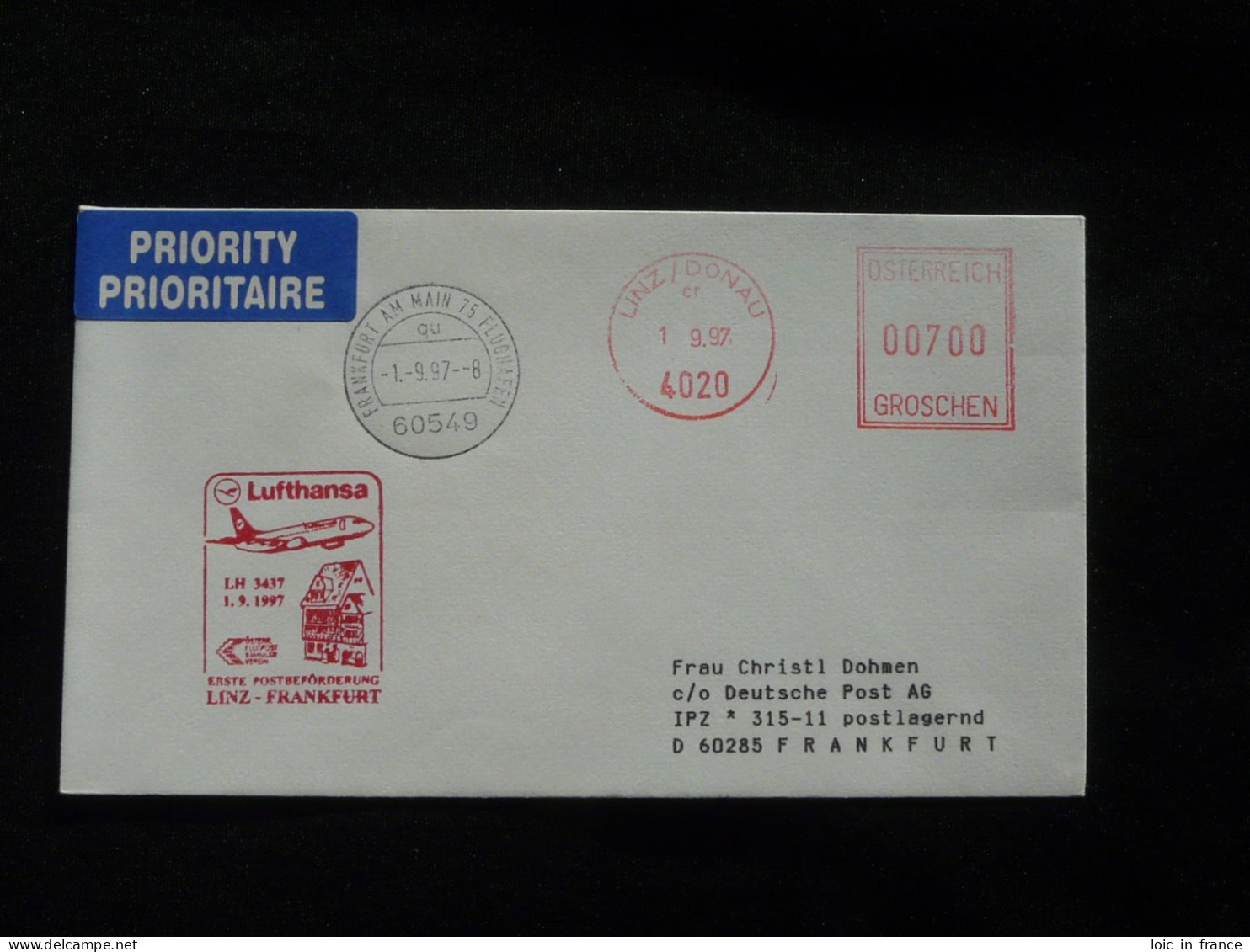 Lettre Premier Vol First Flight Cover Linz Frankfurt Lufthansa 1997 - Primi Voli