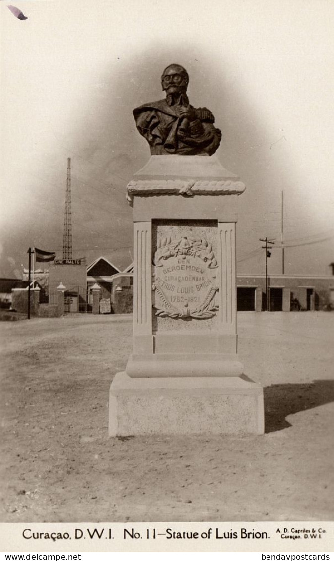 Curacao, D.W.I., WILLEMSTAD, Statue Luis Brion (1920s) Capriles No 11 RPPC - Curaçao