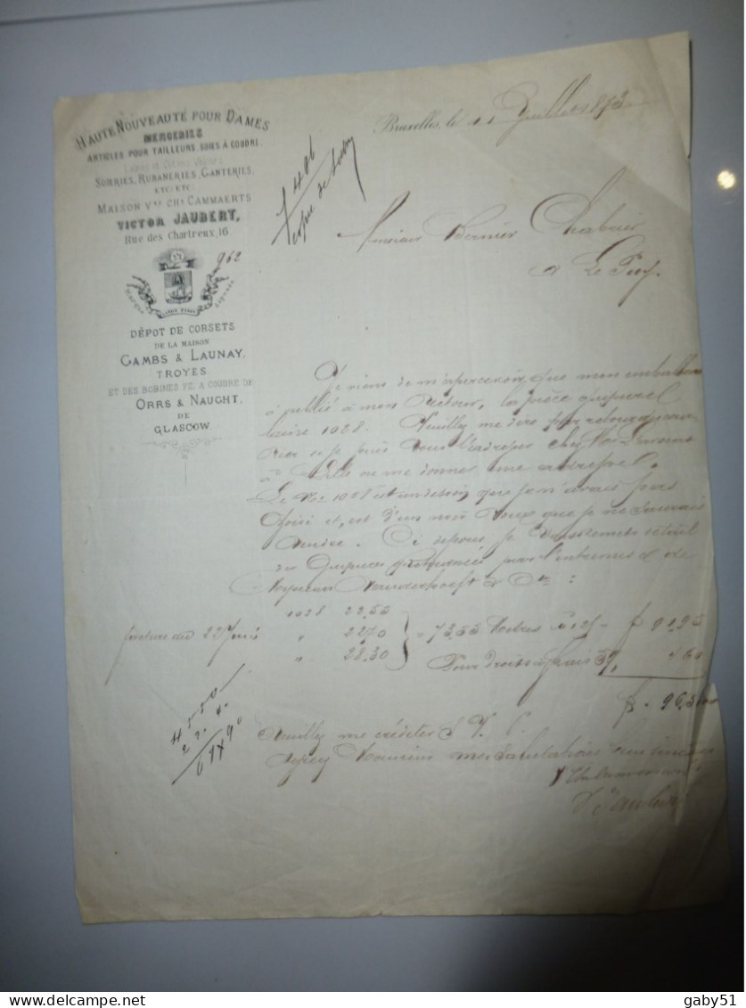 Bruxelles 1873, Facture Autographe JAUBERT, Mercerie, Dépôt De Gambs, Troyes, Et Orrs, Glasgow ; VP 02 - Kleidung & Textil