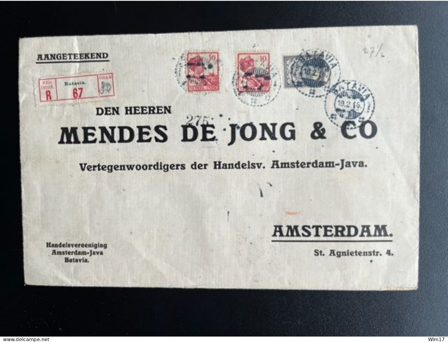 DUTCH EAST INDIES 1916 REGISTERED LETTER BATAVIA TO AMSTERDAM 10-02-1916 NEDERLANDS INDIE AANGETEKEND - Niederländisch-Indien