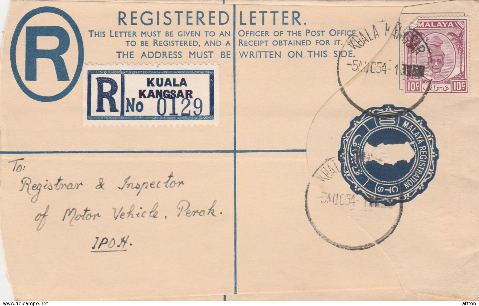 Kuala Kangsar Malaysia 1954 Registered Cover Mailed - Federated Malay States