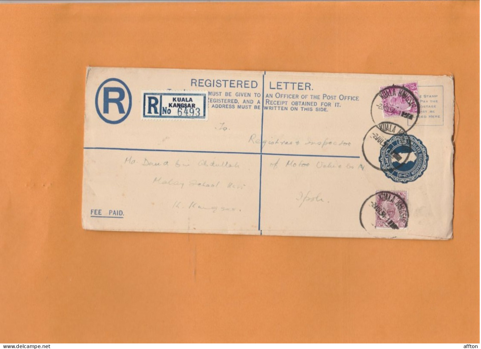 Kuala Kangsar Malaysia 1954 Registered Cover Mailed - Federated Malay States
