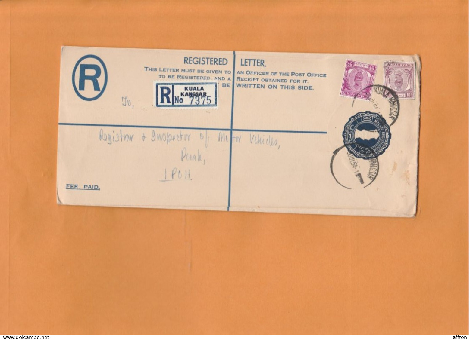 Kuala Kangsar Malaysia 1954 Registered Cover Mailed - Federated Malay States