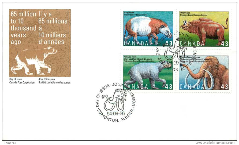 1994  Prehistoric Life  Cryphodon, Megacerops, Arctodus Simus, Mammouth  Sc 1529-32  Setenant Block Of 4 - 1991-2000