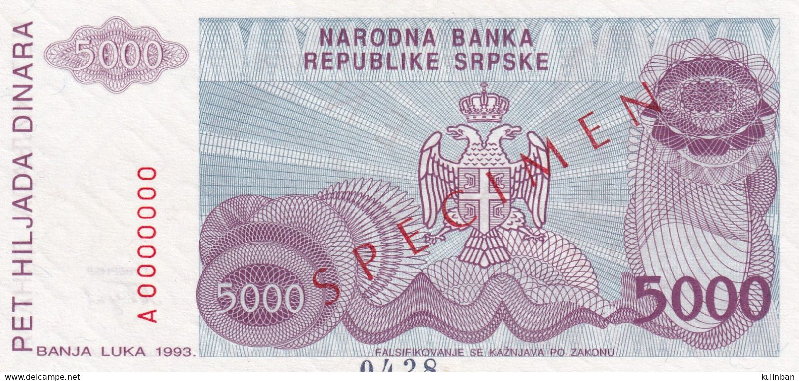 BOSNIA AND HERZEGOVINA, UNC, SPECIMEN 0428,P-149, 5.000 DINARA, BANJA LUKA 1993 - Bosnien-Herzegowina