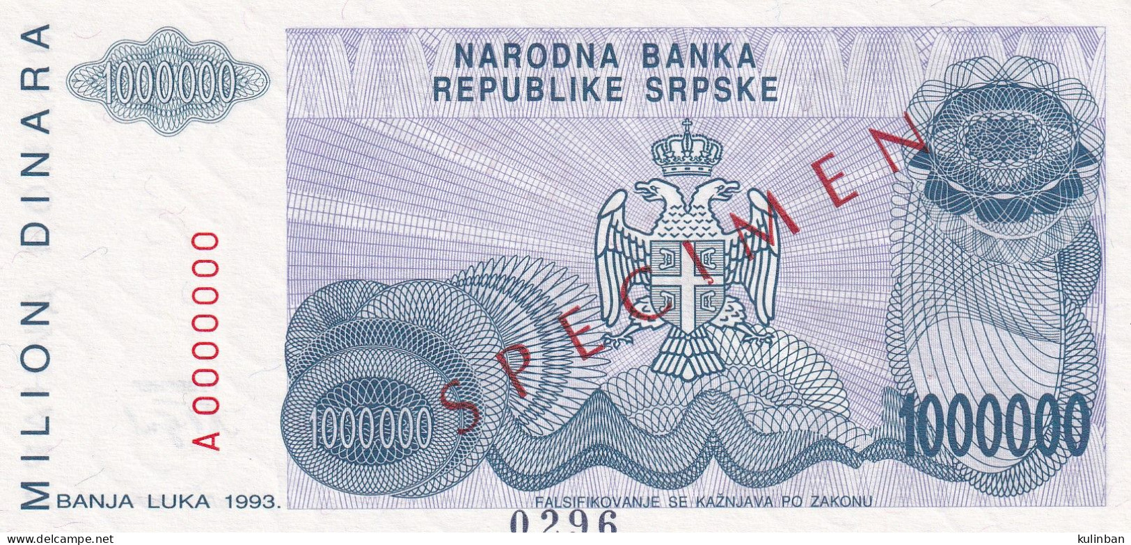 BOSNIA AND HERZEGOVINA, UNC, SPECIMEN 0296, P-152, 1.000.000 DINARA, BANJA LUKA 1993 - Bosnia And Herzegovina