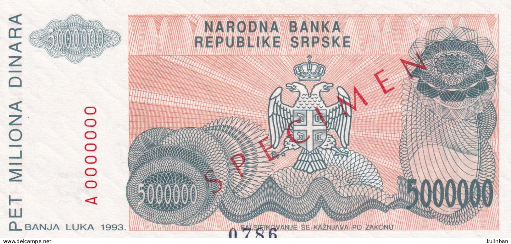 BOSNIA AND HERZEGOVINA, UNC, SPECIMEN 0786, P-153, 5.000.000 DINARA, BANJA LUKA 1993 - Bosnia And Herzegovina