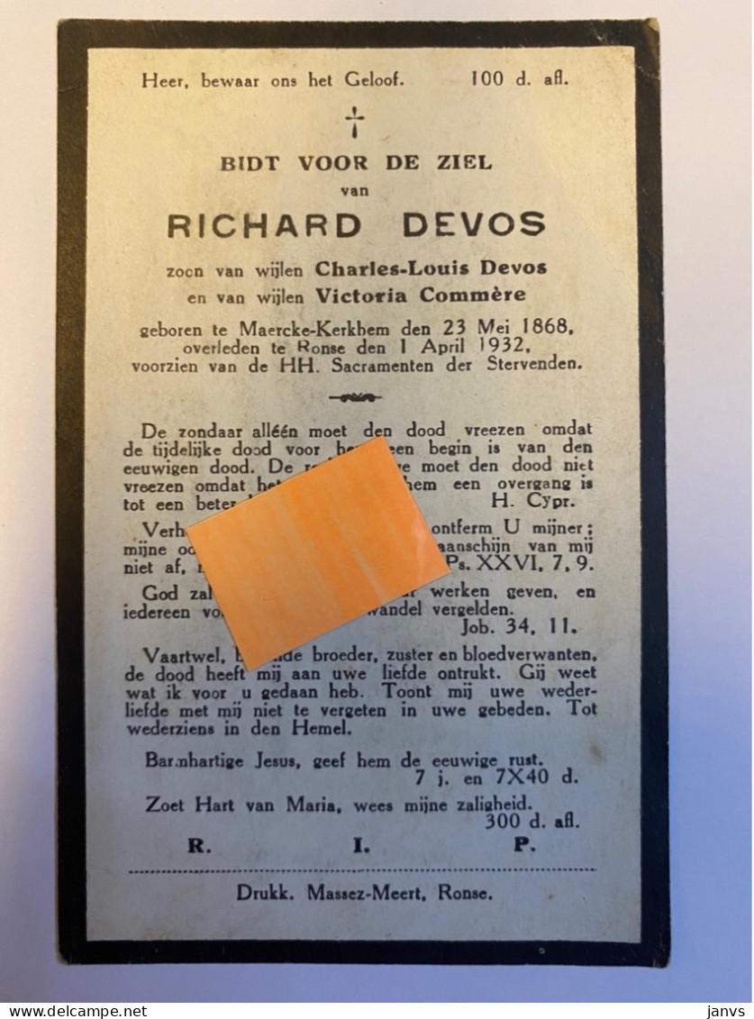 Devotie - Overlijden - Richard Devos - Zoon Van Charles-Louis En Vicoria Commère - Maarke-Kerkem 1868 - Ronse 1932 - Overlijden