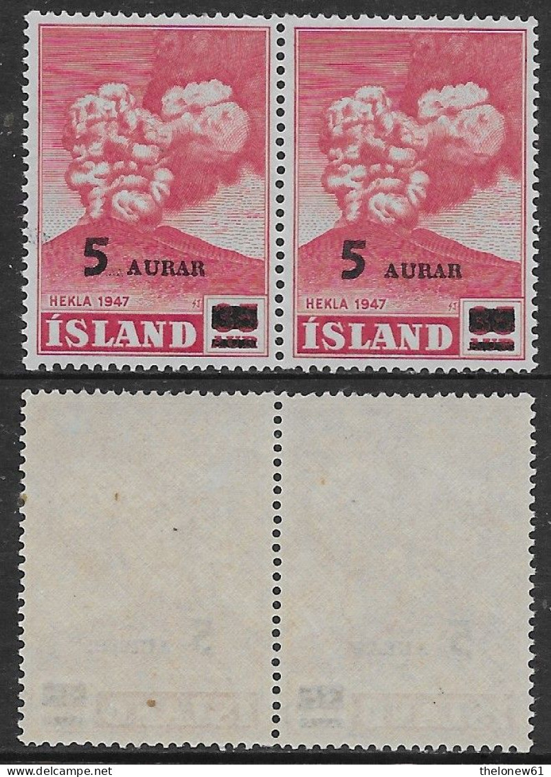 Islanda Island Iceland 1954 Volcano Hekla Surcharged Pair Mi N.292 MNH ** - Neufs