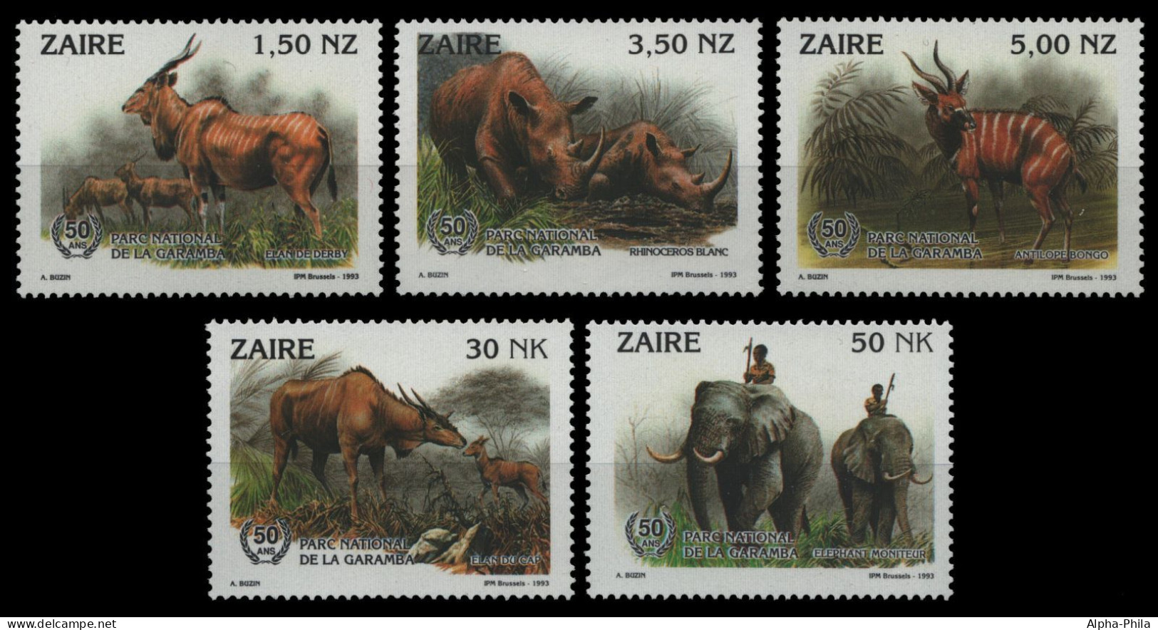 Kongo-Zaire 1993 - Mi-Nr. 1079-1083 ** - MNH - Wildtiere / Wild Animals - Unused Stamps