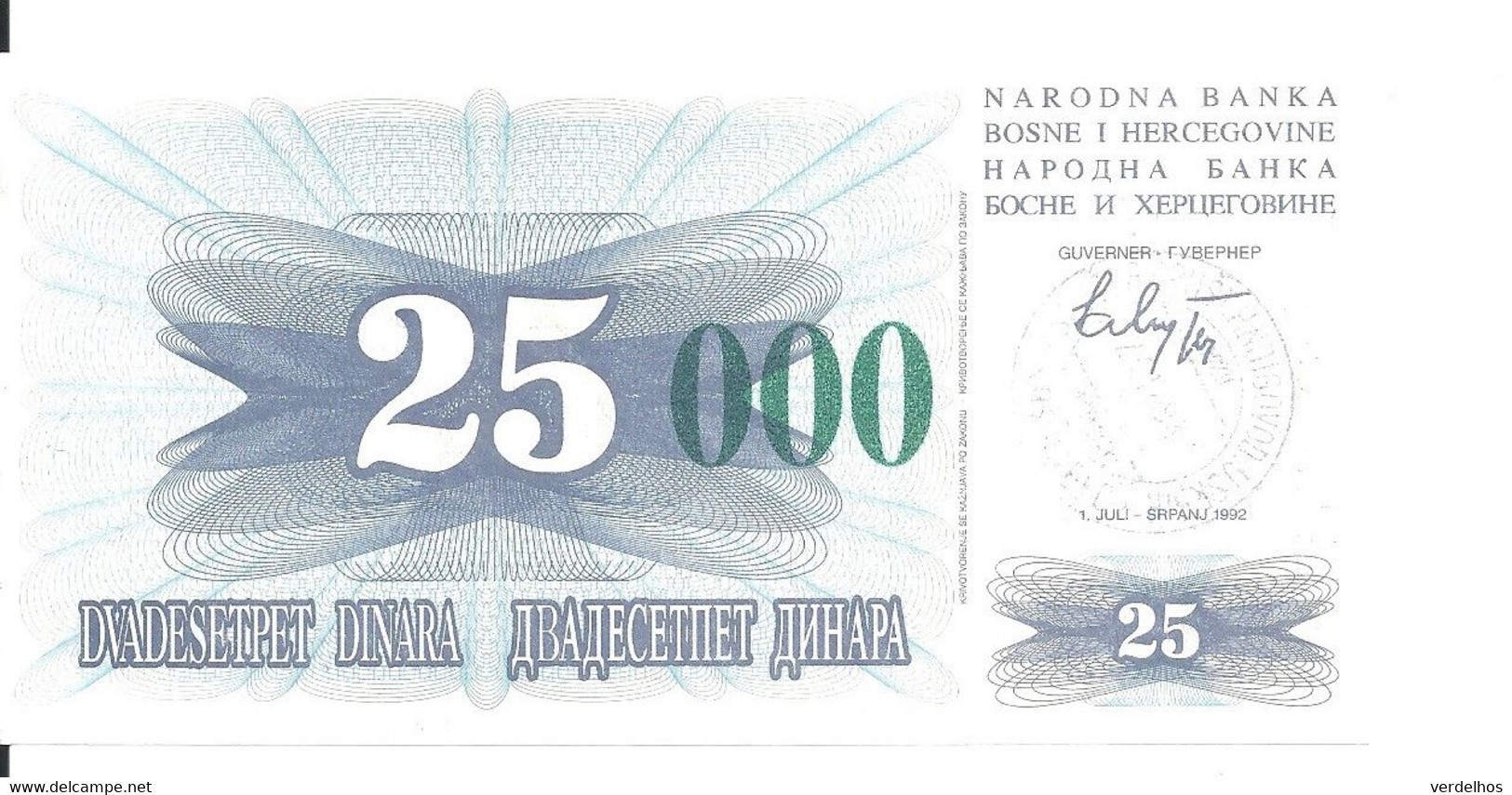 BOSNIE HERZEGOVINE 25000 DINARA 1993 UNC P 54 G - Bosnië En Herzegovina