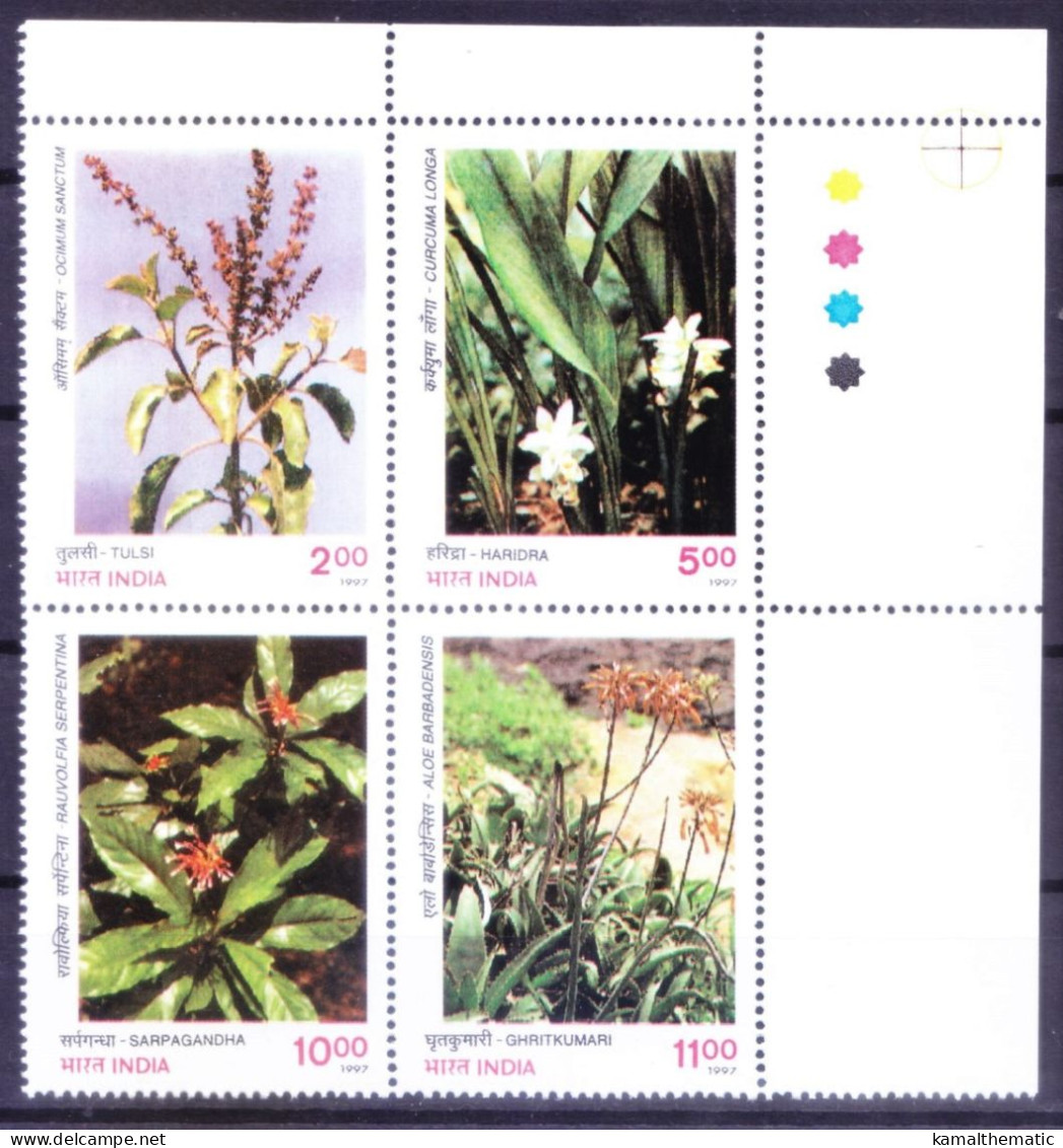 India 1997 MNH 4v Blk, TL, Medicine Plants, Tulsi Cough,Turmeric, Snake Root For High BP, Aloevera Skin - Plantes Médicinales