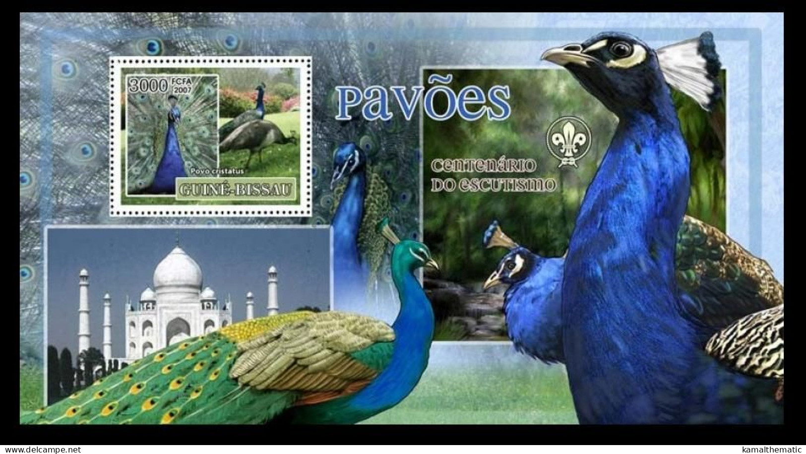 Guinea Bissau 2007 MNH MS, Birds Peacock, Scout Logo, Taj Mahal, Seven Wonders - Pfauen