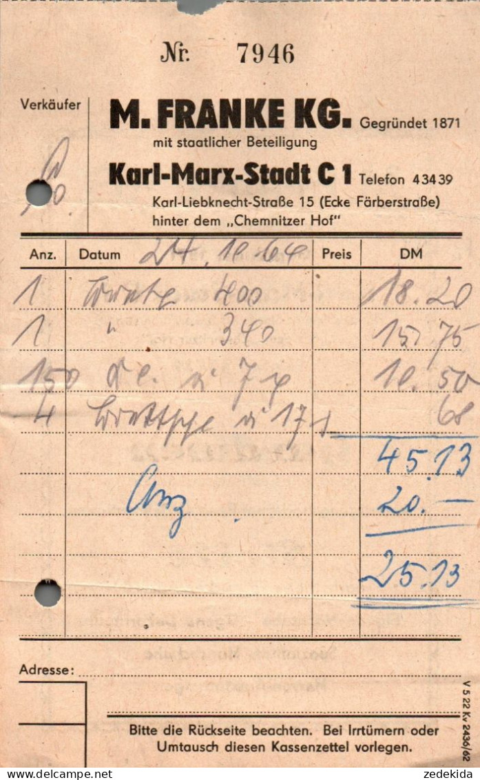 G9082 - Karl Marx Stadt M. Franke KG Gardinen Stoffe Rechnung Quittung - 1950 - ...