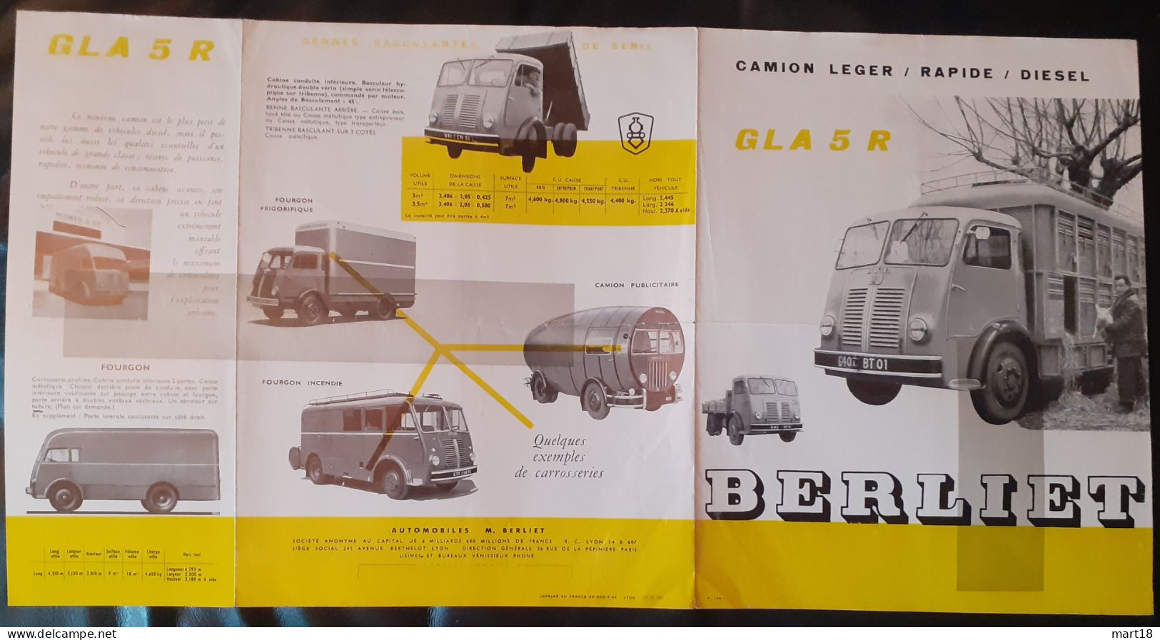 Publicité Camion Leger Rapide Diesel - BERLIET GLA 5 R - Années 1950 - - Vrachtwagens